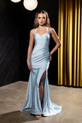 Wholesale Halter Neck Ruched Satin Formal Gown Mermaid Fit Prom Dress with Slit by LA2218
