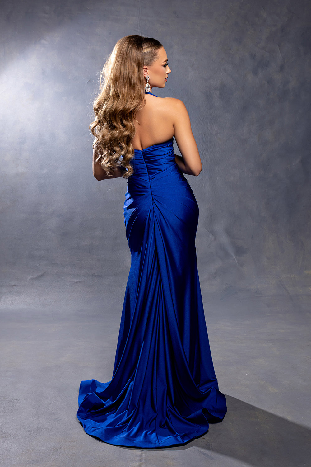 Wholesale Halter Neck Ruched Satin Formal Gown Mermaid Fit Prom Dress with Slit by LA2218
