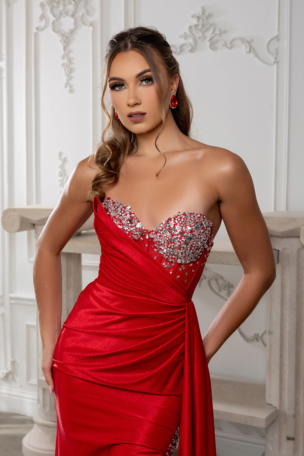Wholesale Strapless Beaded Corset Evening Gown with High Slit Prom Formal Dress by LA2241