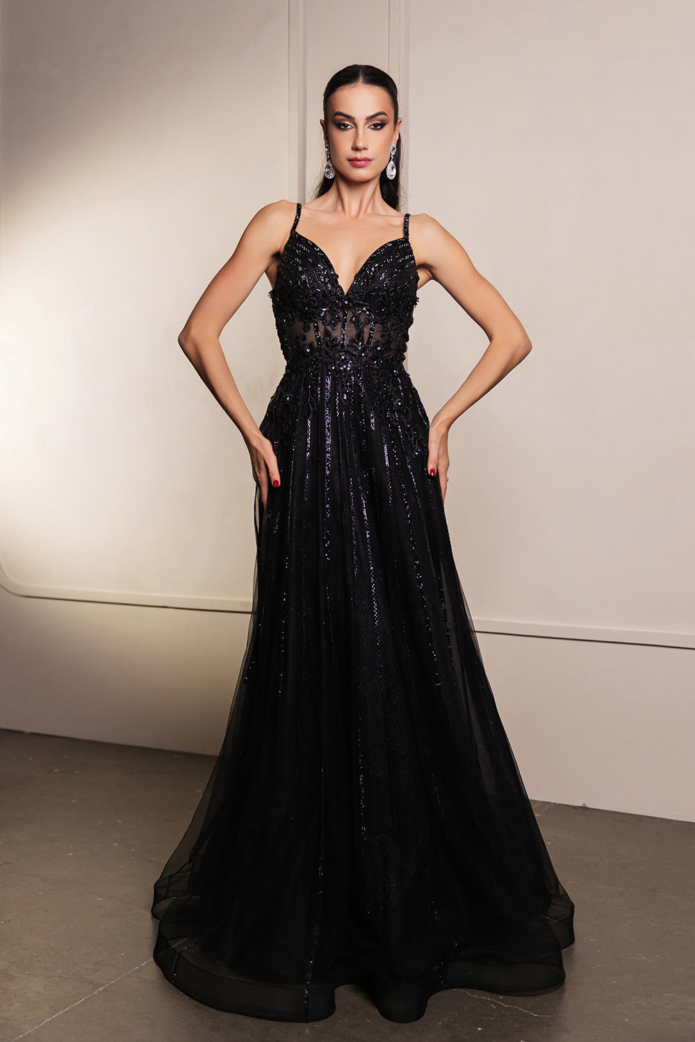 Long V-Neck Sequin A-Line Gown