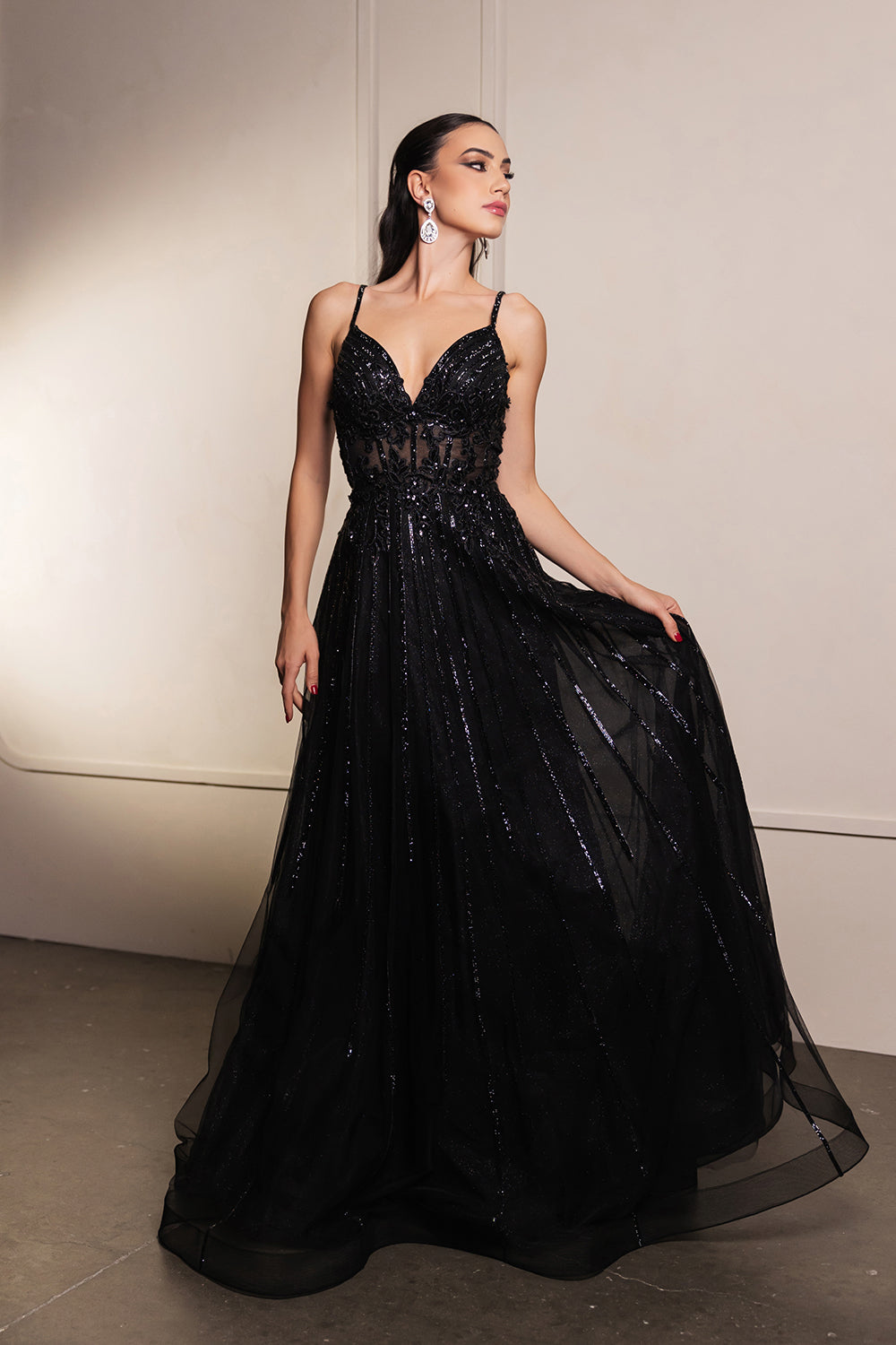 Long V-Neck Sequin A-Line Gown