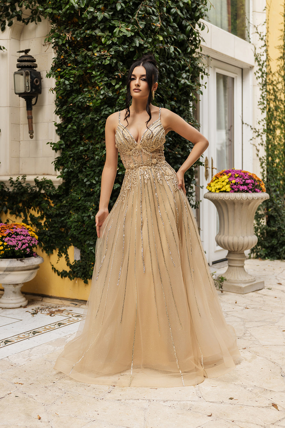 Long V-Neck Sequin A-Line Gown