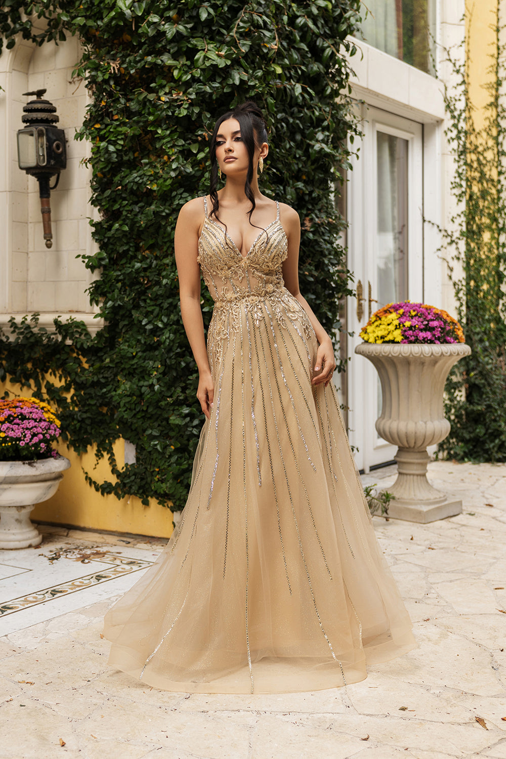 Long V-Neck Sequin A-Line Gown