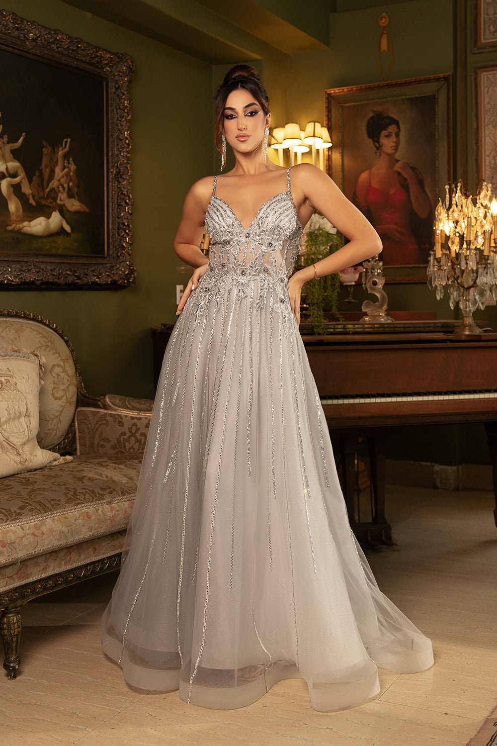 Long V-Neck Sequin A-Line Gown