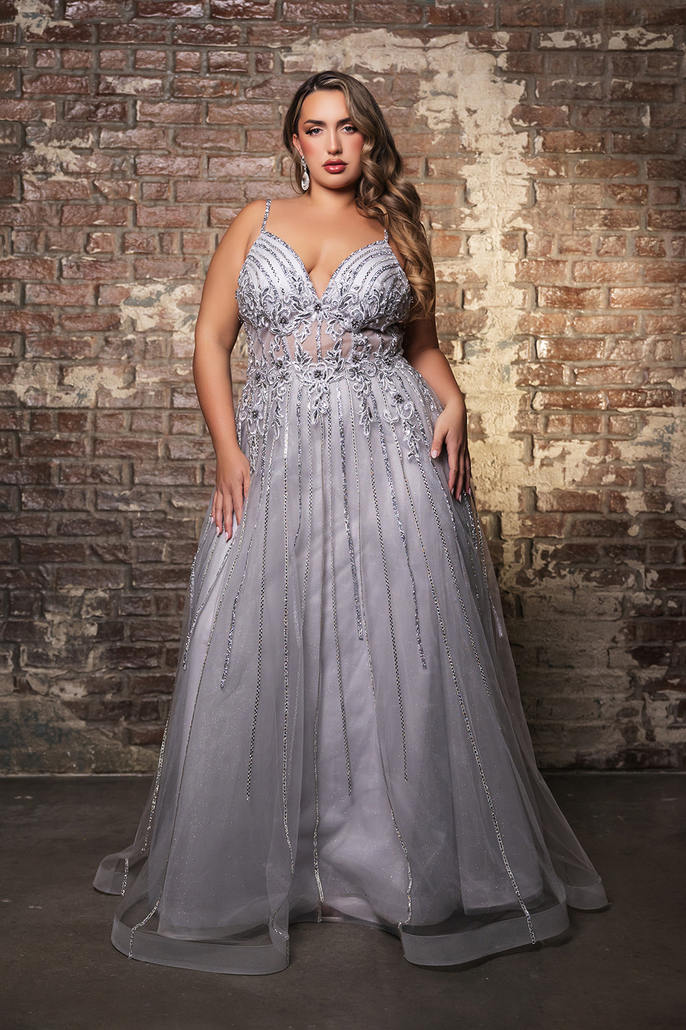 Long V-Neck Sequin A-Line Gown