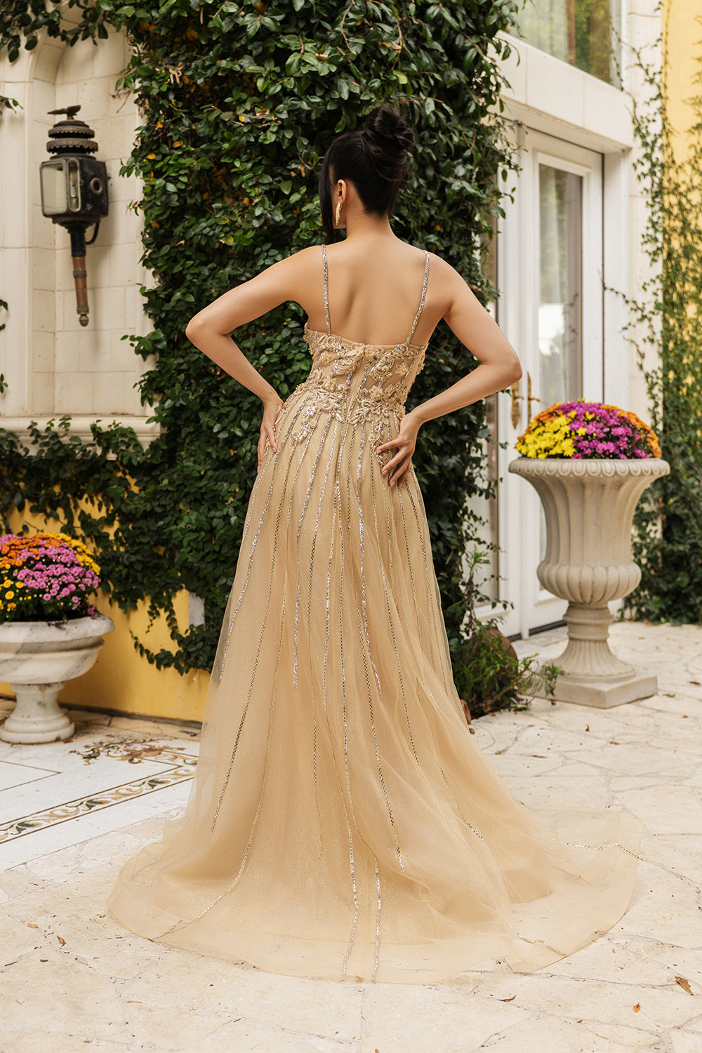 Long V-Neck Sequin A-Line Gown