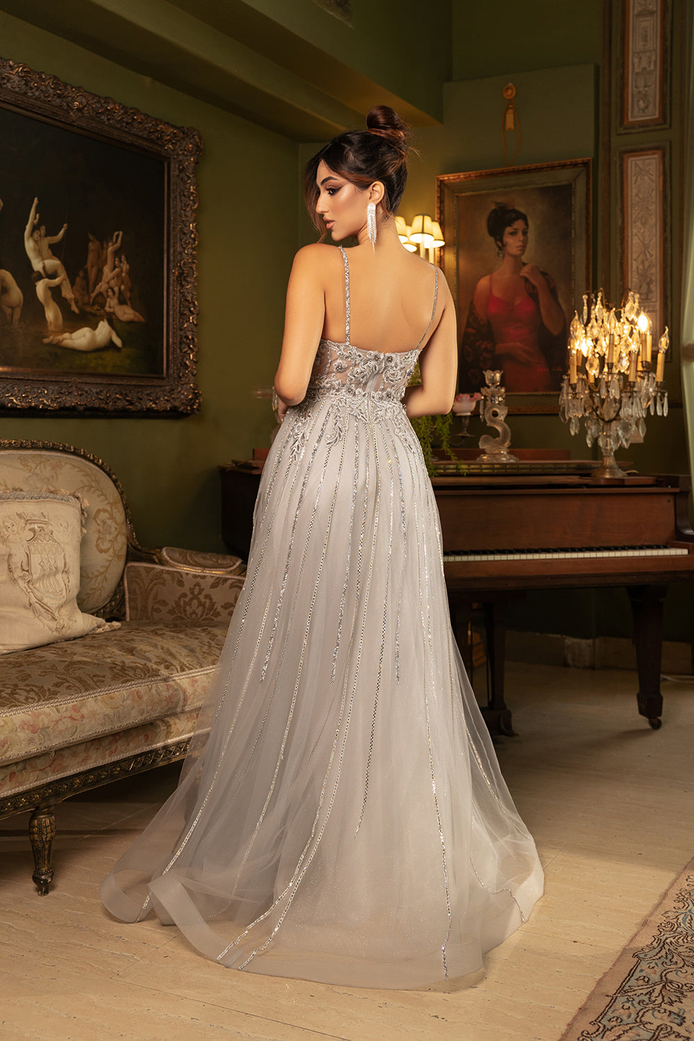 Long V-Neck Sequin A-Line Gown