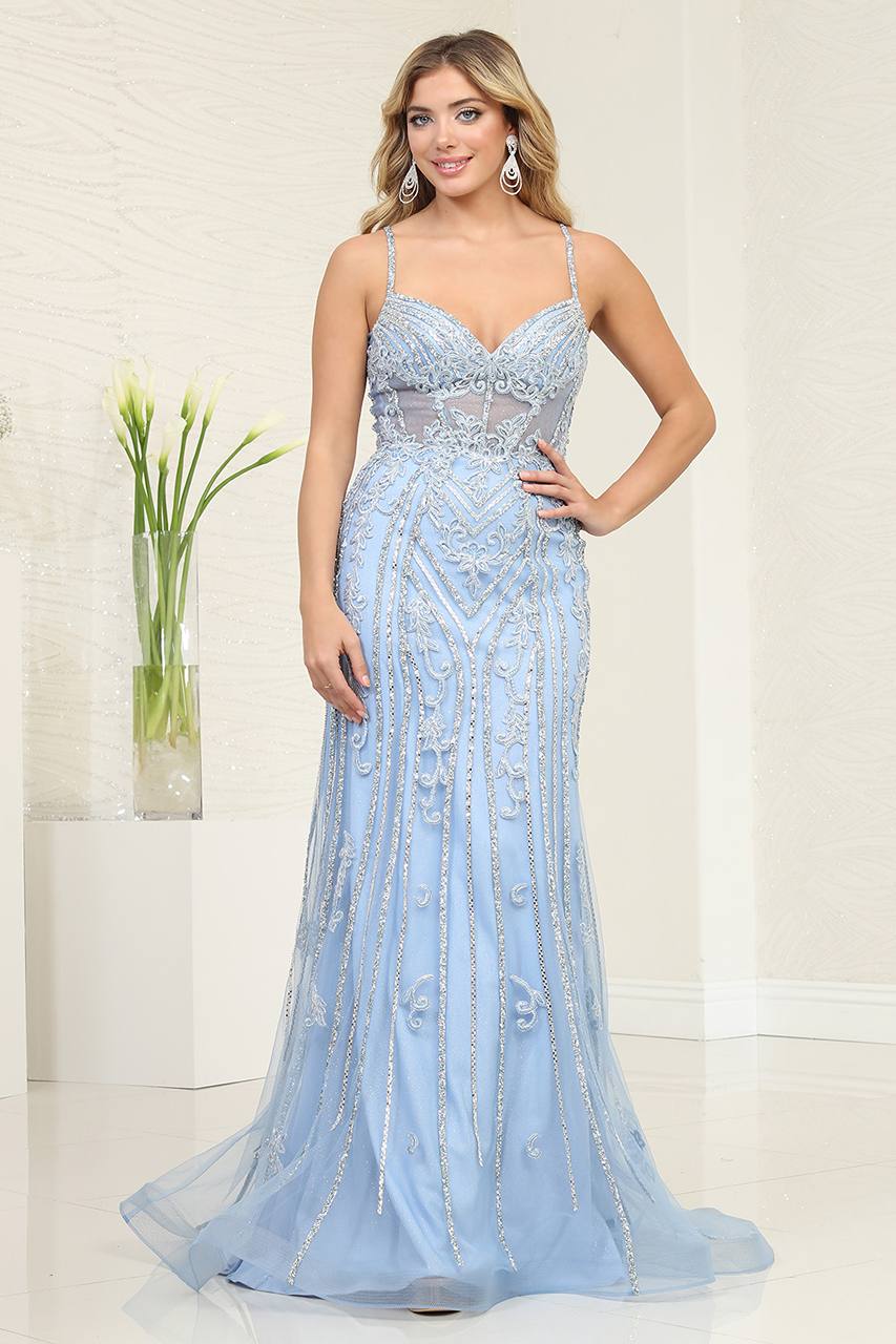 Sheath Gown with Rhinestones, Embroidery, and High Slit