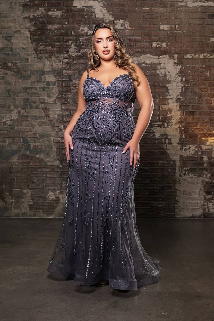 Sheath Gown with Rhinestones, Embroidery, and High Slit