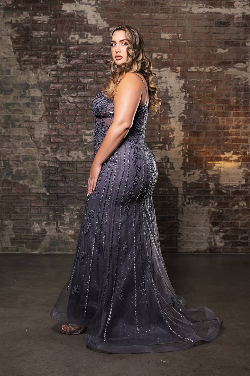 Sheath Gown with Rhinestones, Embroidery, and High Slit