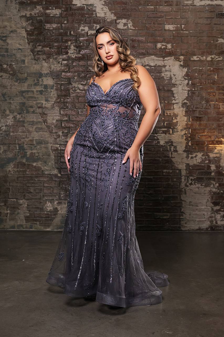 Sheath Gown with Rhinestones, Embroidery, and High Slit