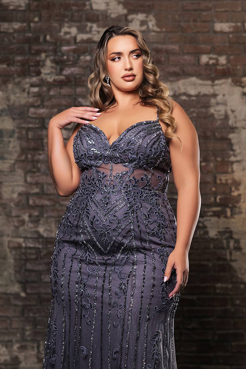 Sheath Gown with Rhinestones, Embroidery, and High Slit