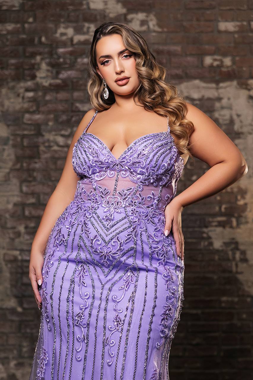 Sheath Gown with Rhinestones, Embroidery, and High Slit