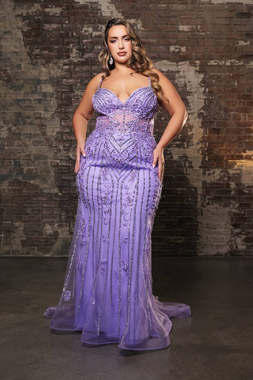 Sheath Gown with Rhinestones, Embroidery, and High Slit