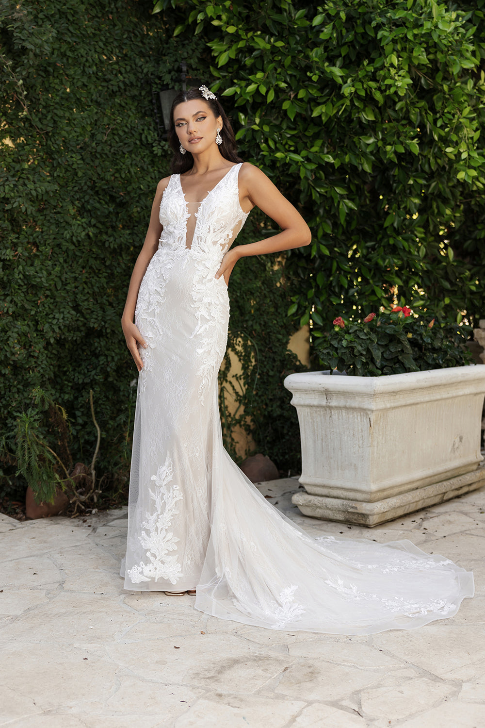 Plunging Neck Mermaid Floral Gown