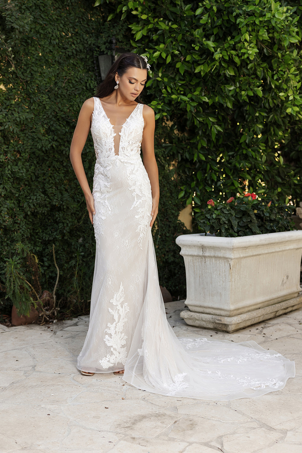 Plunging Neck Mermaid Floral Gown