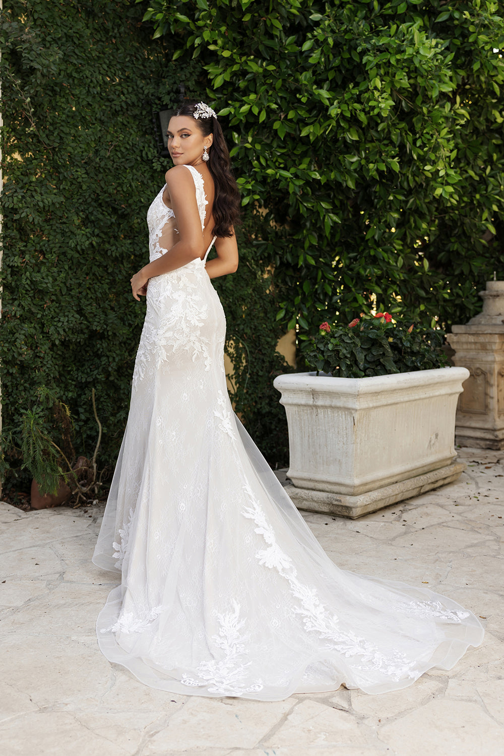 Plunging Neck Mermaid Floral Gown