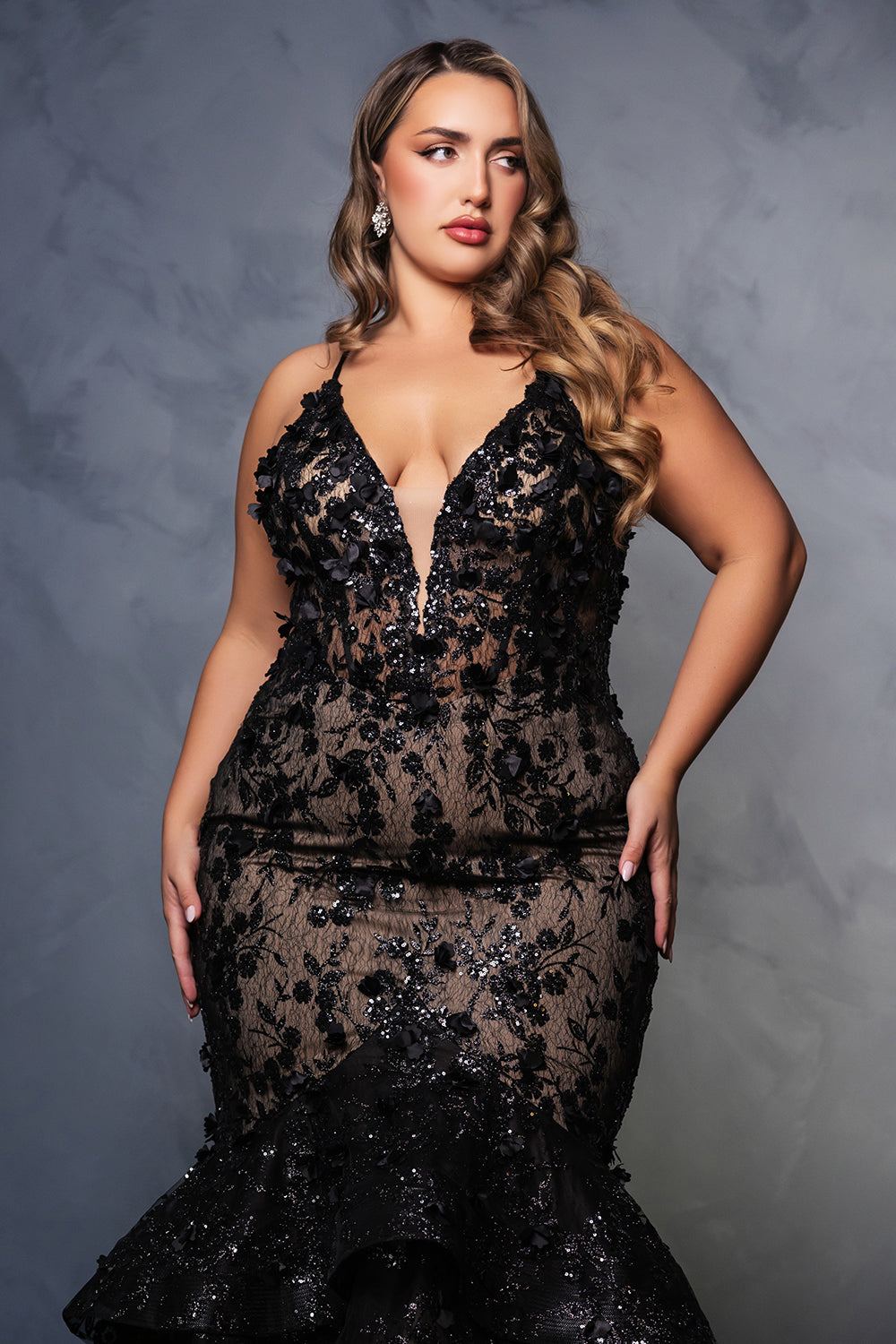 Plunging V-Neck Beaded Prom Gown