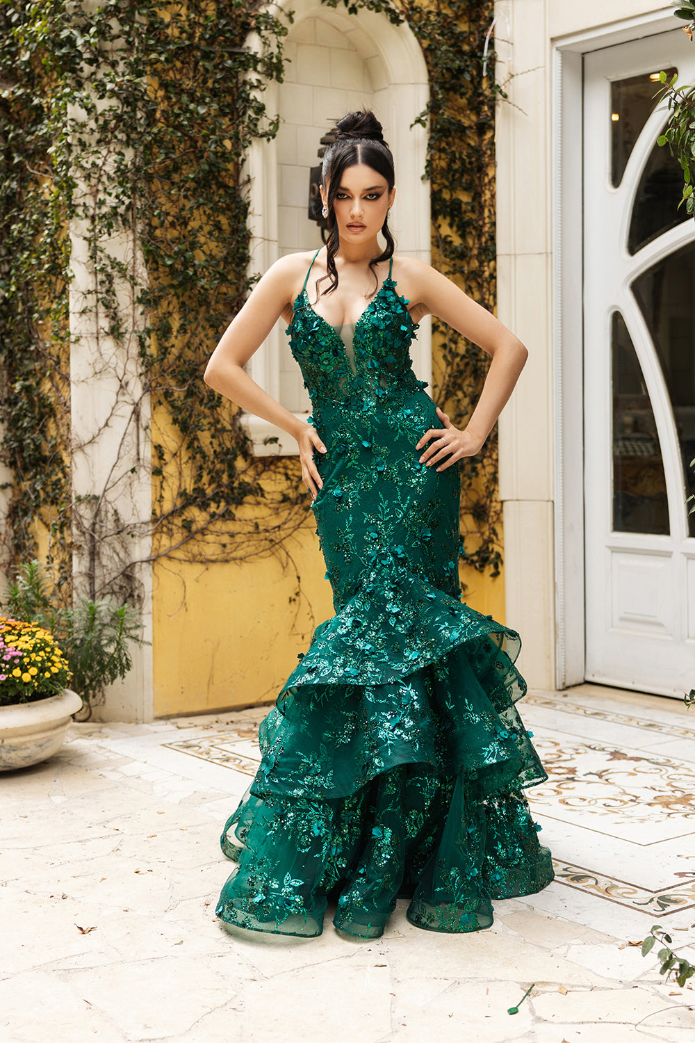 Plunging V-Neck Beaded Prom Gown