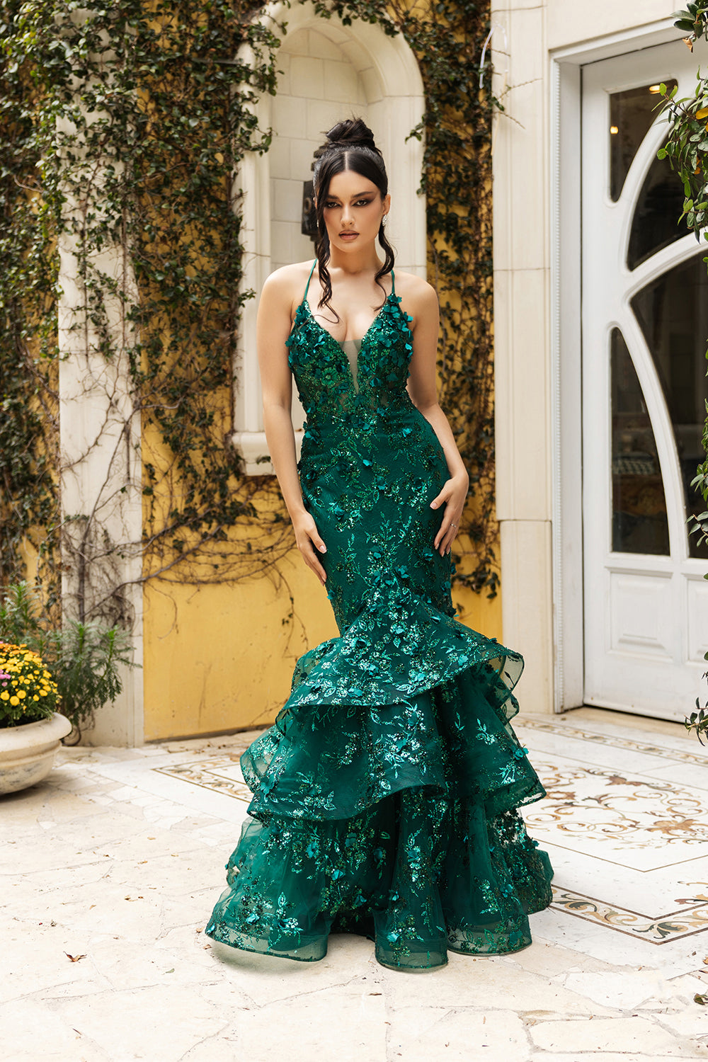 Plunging V-Neck Beaded Prom Gown