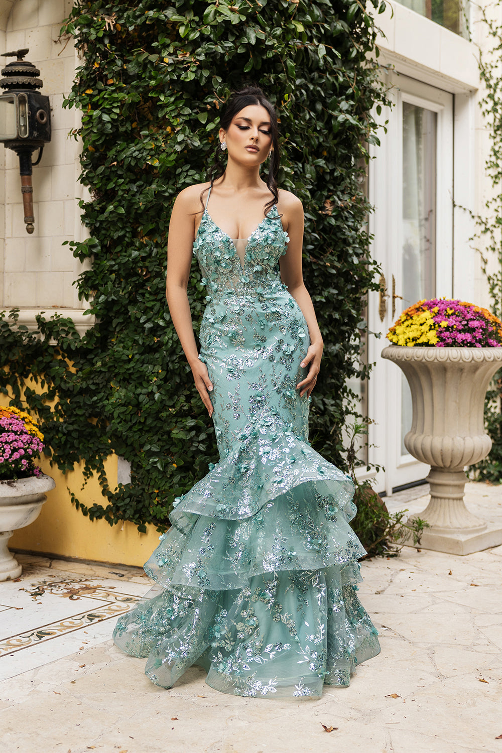 Plunging V-Neck Beaded Prom Gown