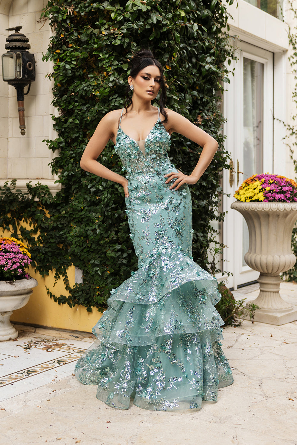Plunging V-Neck Beaded Prom Gown
