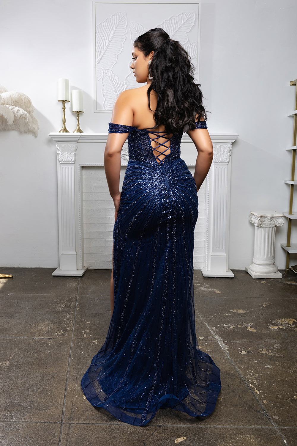 Off-Shoulder Beaded Evening Gown with High Slit
