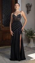 Rhinestone Embellished Mesh Corset Evening Gown