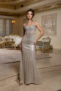 Beaded Mermaid Evening Gown with Spaghetti Straps Sheer Illusion Bodice