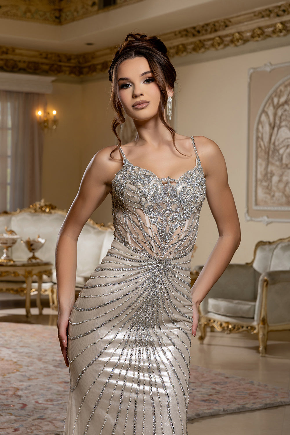 Beaded Mermaid Evening Gown with Spaghetti Straps Sheer Illusion Bodice