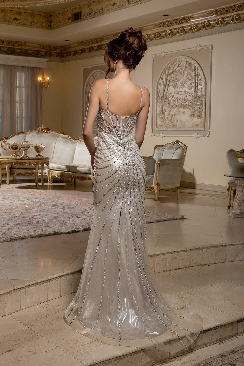 Beaded Mermaid Evening Gown with Spaghetti Straps Sheer Illusion Bodice