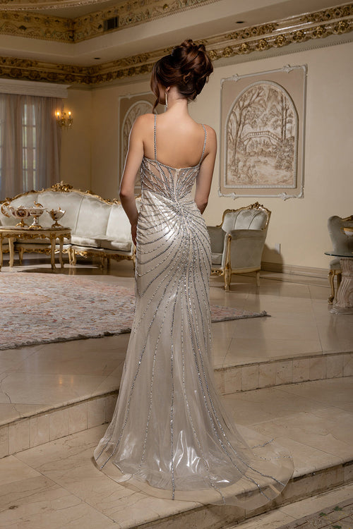Beaded Mermaid Evening Gown with Spaghetti Straps Sheer Illusion Bodice
