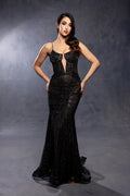 Wholesale Beaded Sheath Formal Gown Deep V-Neck Corset Bodice Lace-Up Back Sweep Train by LA8237