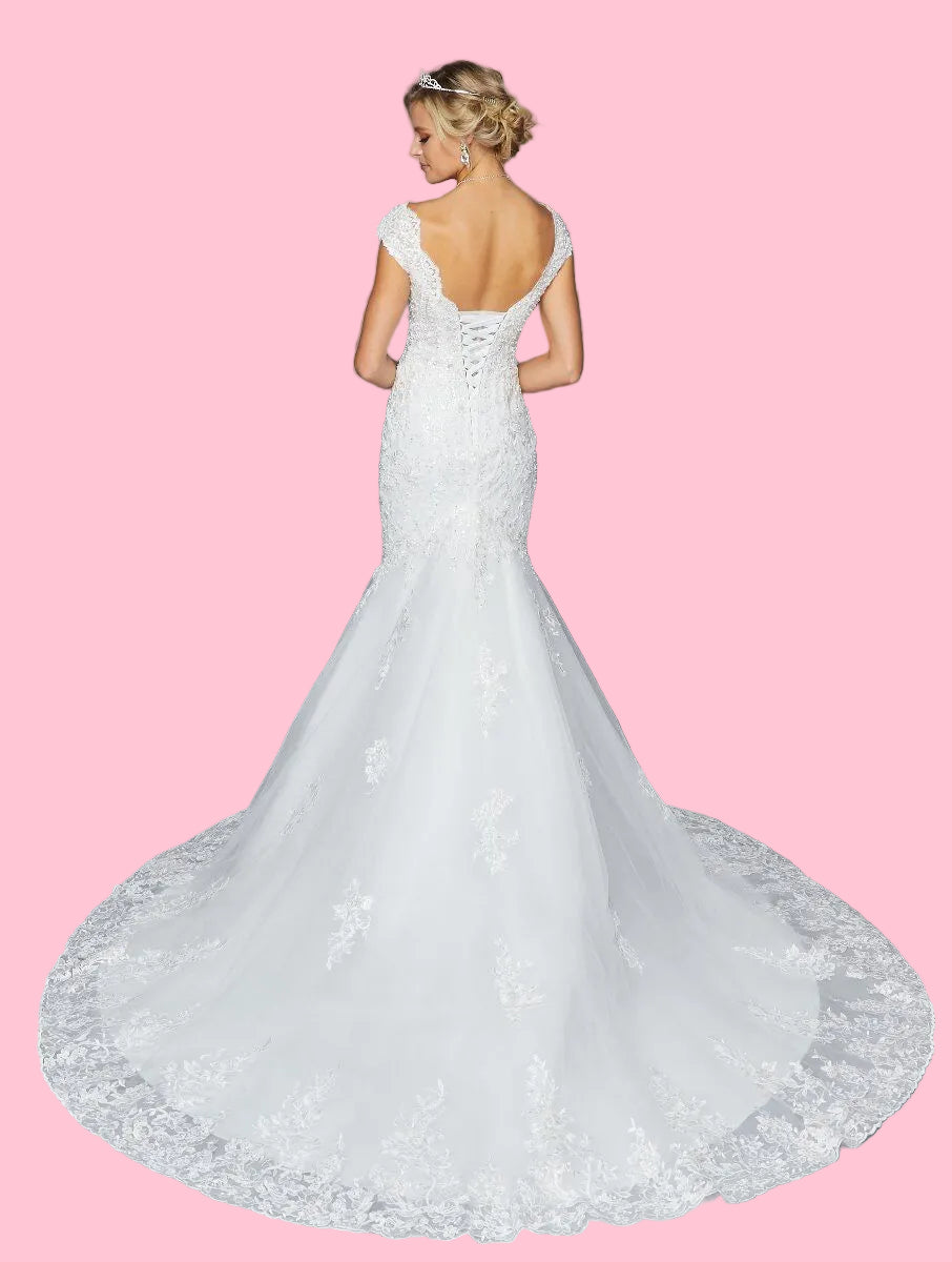 LA Merchandise LADK423 Cap Sleeve Mermaid Embroidered Wedding Dress - - Dresses LA Merchandise
