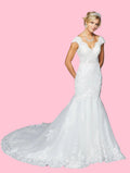 LA Merchandise LADK423 Cap Sleeve Mermaid Embroidered Wedding Dress - IVORY - Dresses LA Merchandise