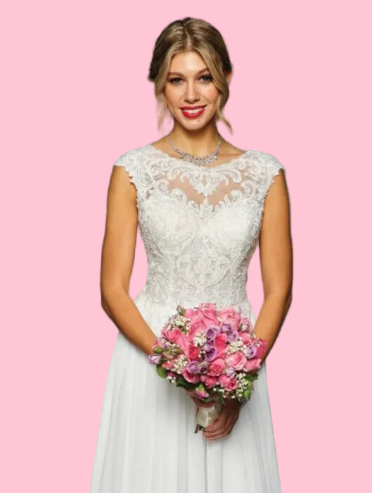 LA Merchandise LADK455 Boat Neck Bridal Chiffon Wedding Dress - - Dresses LA Merchandise
