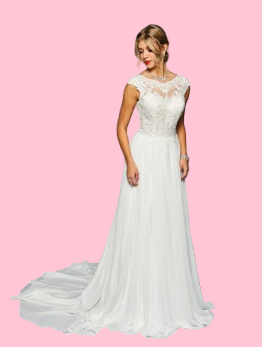 LA Merchandise LADK455 Boat Neck Bridal Chiffon Wedding Dress - IVORY - Dresses LA Merchandise