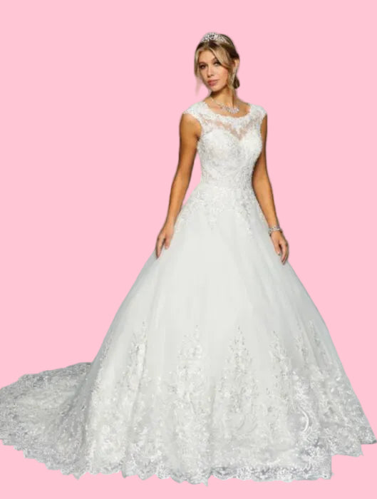 LA Merchandise LADK456 Lace Applique Boat Neck Bridal Dress - - Dresses LA Merchandise