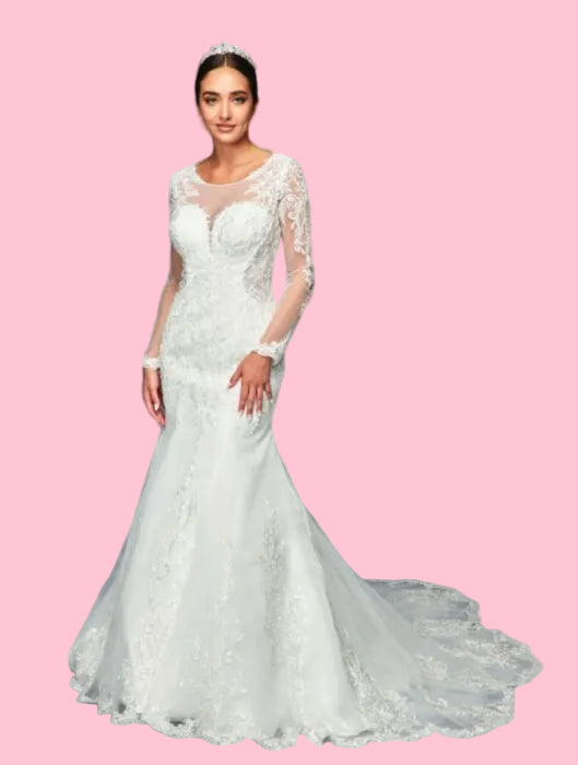 LA Merchandise LADK470 Illusion Boat Neck Lace Applique Wedding Dress - IVORY - Dresses LA Merchandise