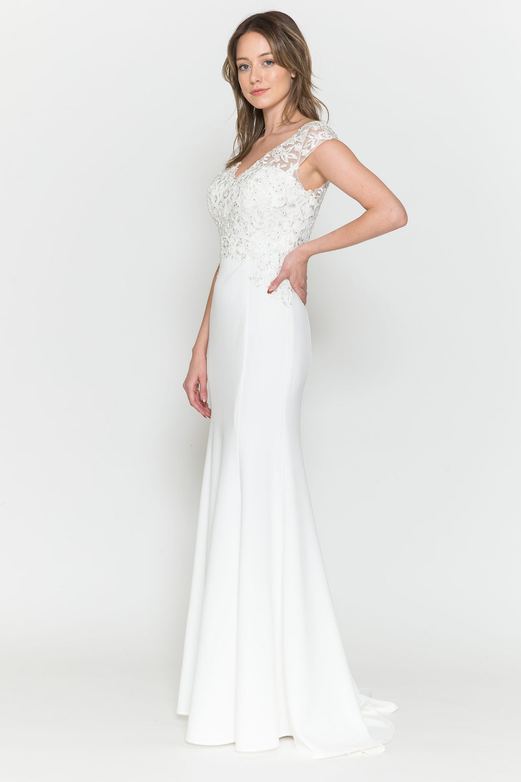 La Merchandise LAY8558B Elegant Wedding Lace Cap Sleeve Bridal Gown - - LA Merchandise