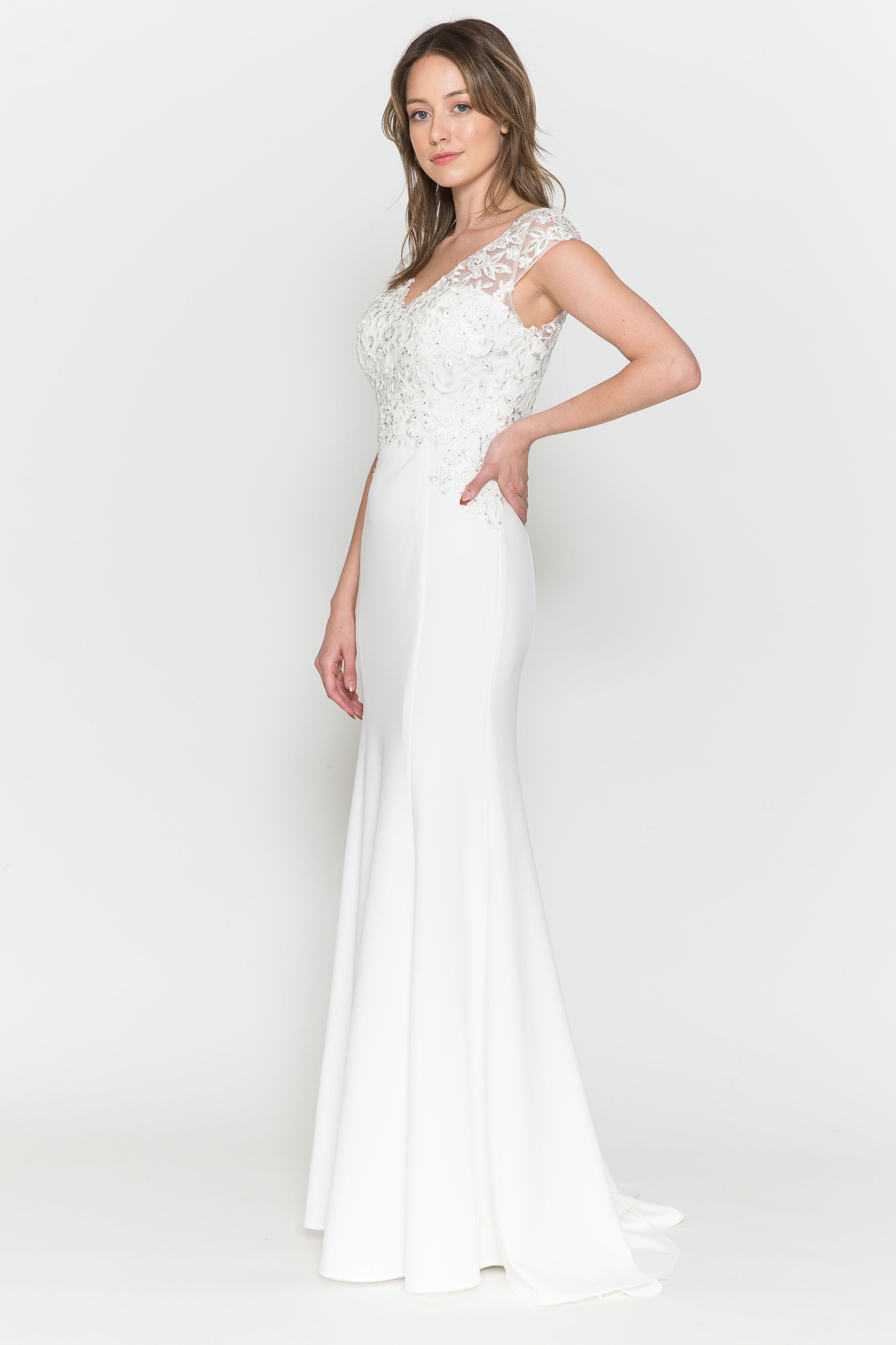 La Merchandise LAY8558B Elegant Wedding Lace Cap Sleeve Bridal Gown - - LA Merchandise
