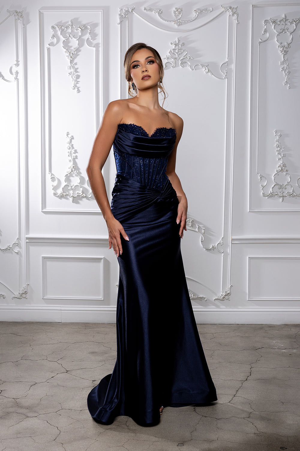 Strapless Satin Corset Mermaid Evening Gown with Beaded Bodice