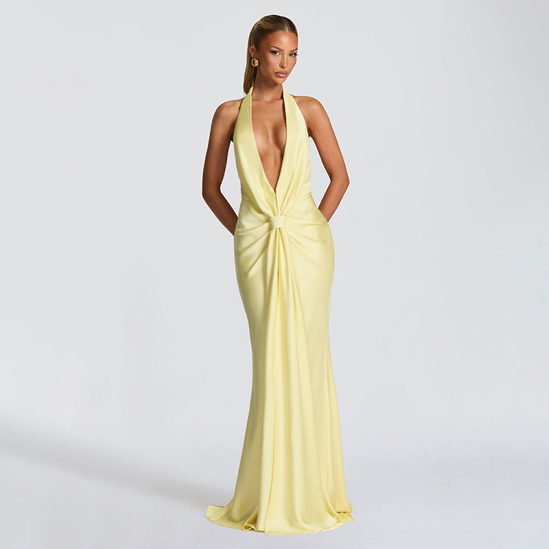 Deep V Plunge neck Halter Ribbon Pleated Sexy Backless Elegant Dress