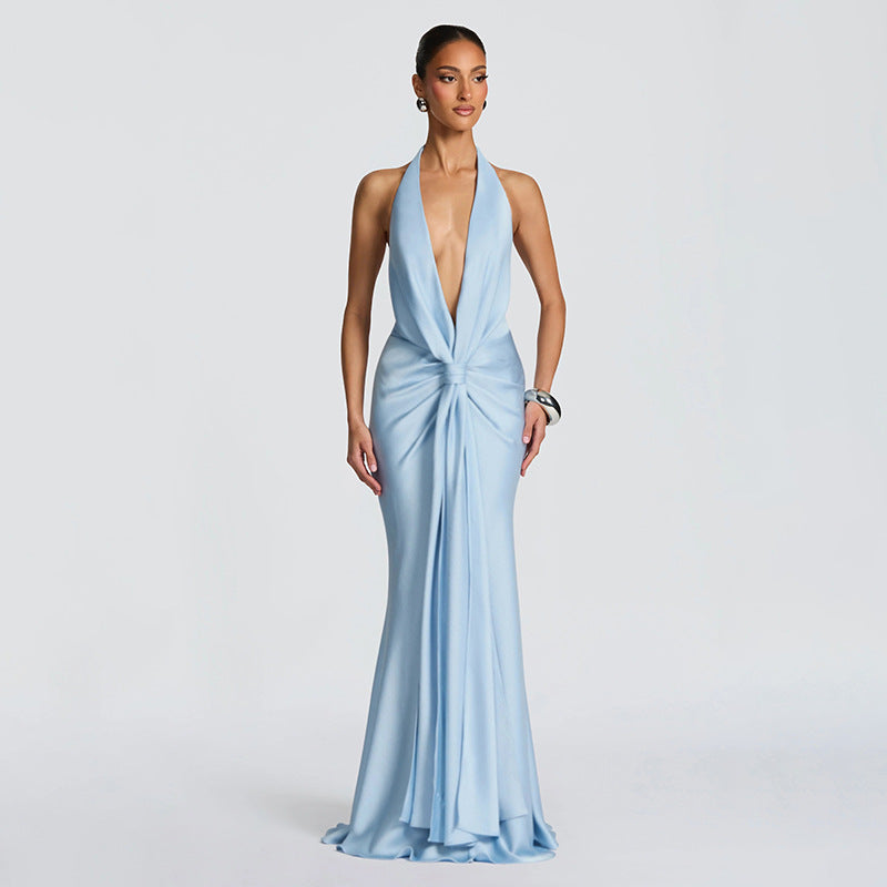 Deep V Plunge neck Halter Ribbon Pleated Sexy Backless Elegant Dress