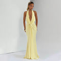 Deep V Plunge neck Halter Ribbon Pleated Sexy Backless Elegant Dress
