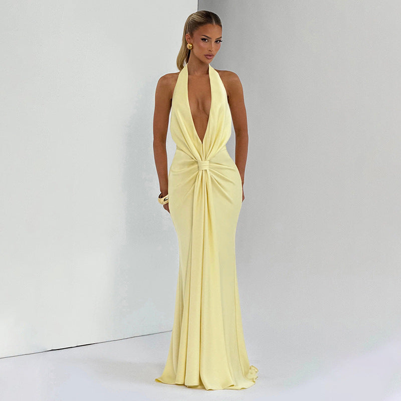 Deep V Plunge neck Halter Ribbon Pleated Sexy Backless Elegant Dress