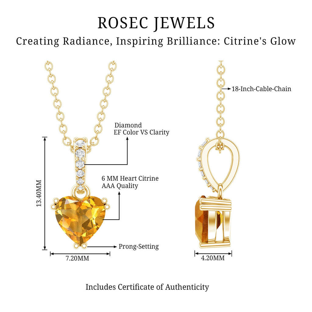 Natural 0.9 Carat Citrine Diamond Heart Pendant Necklace