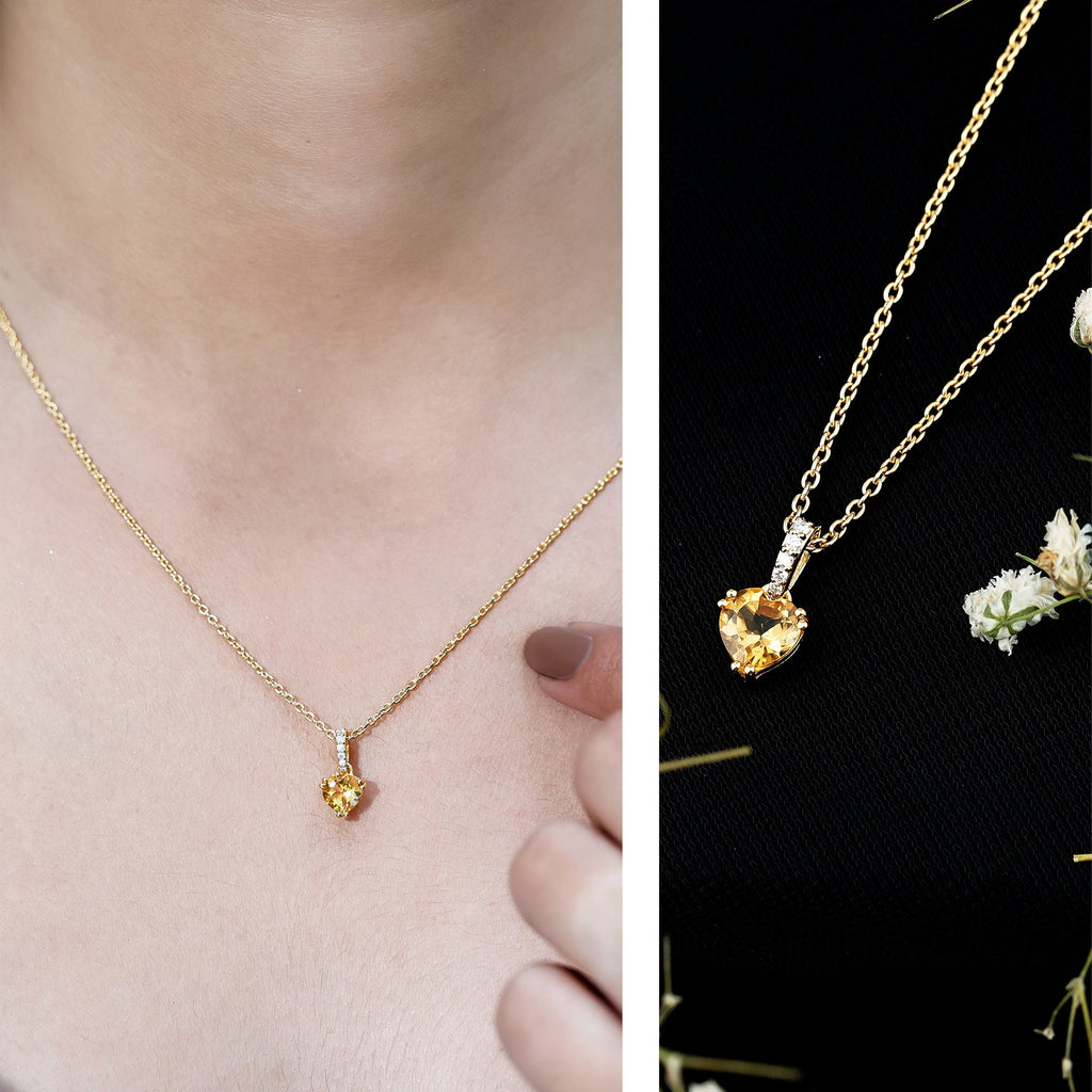 Natural 0.9 Carat Citrine Diamond Heart Pendant Necklace