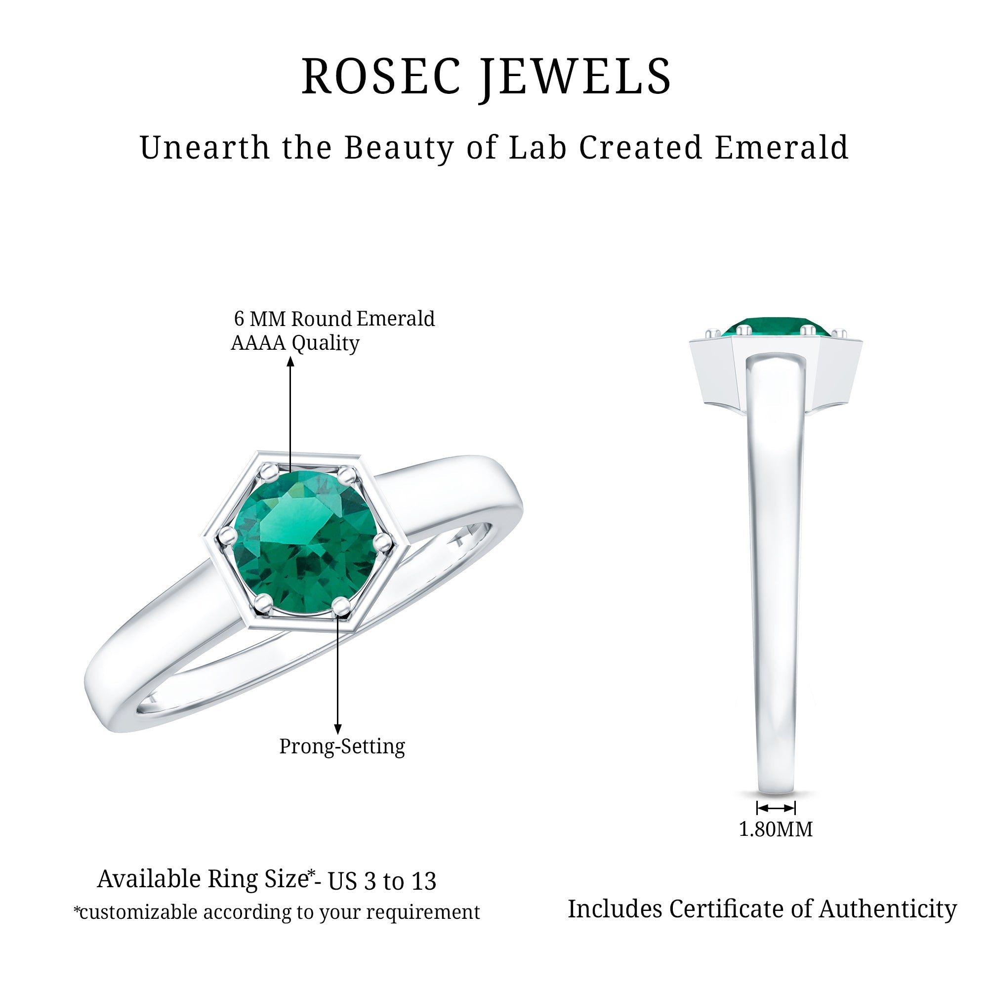 Certified 0.8 Carat Lab Created Emerald Solitaire Ring