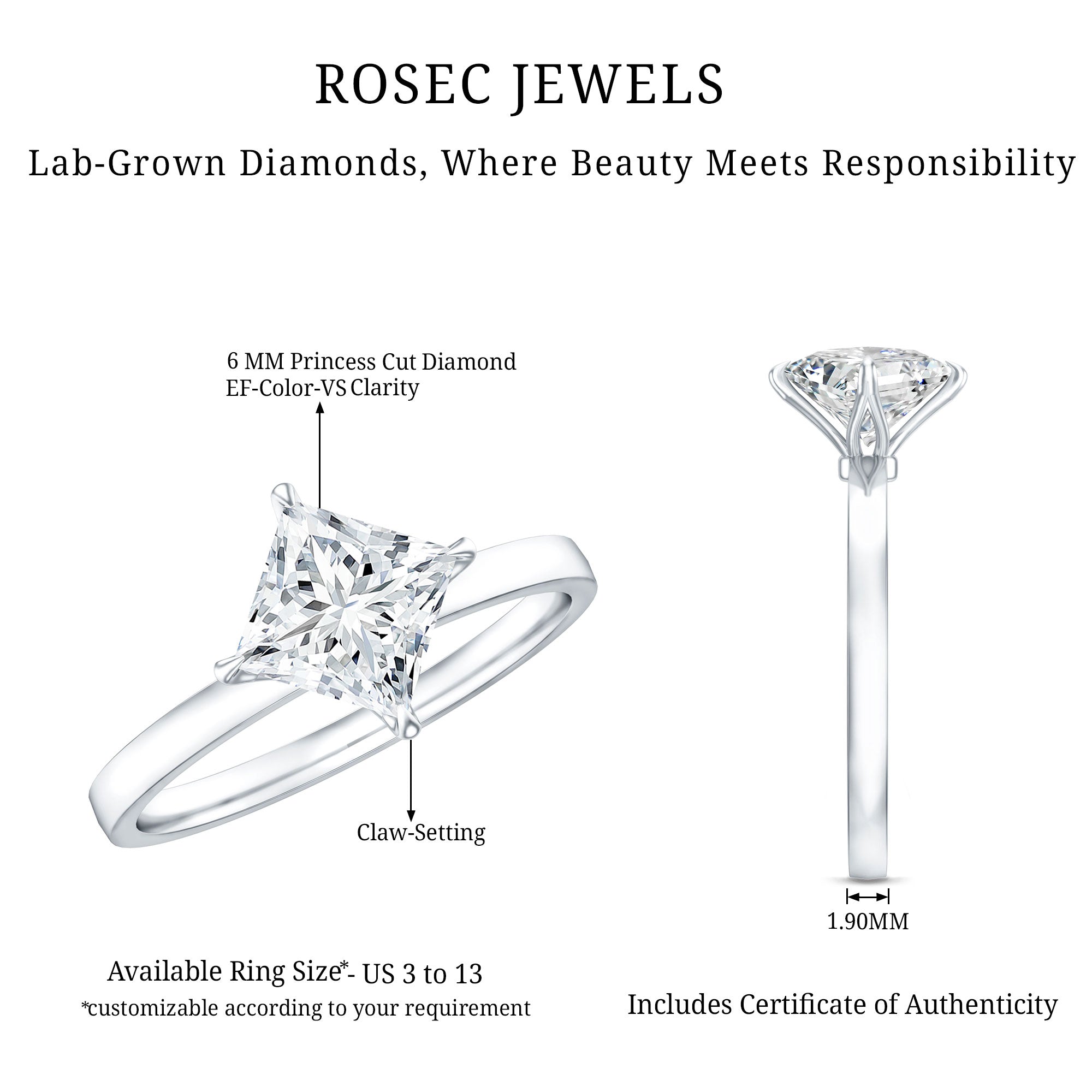 1.25 CT Princess Cut Lab Grown Diamond Solitaire Ring